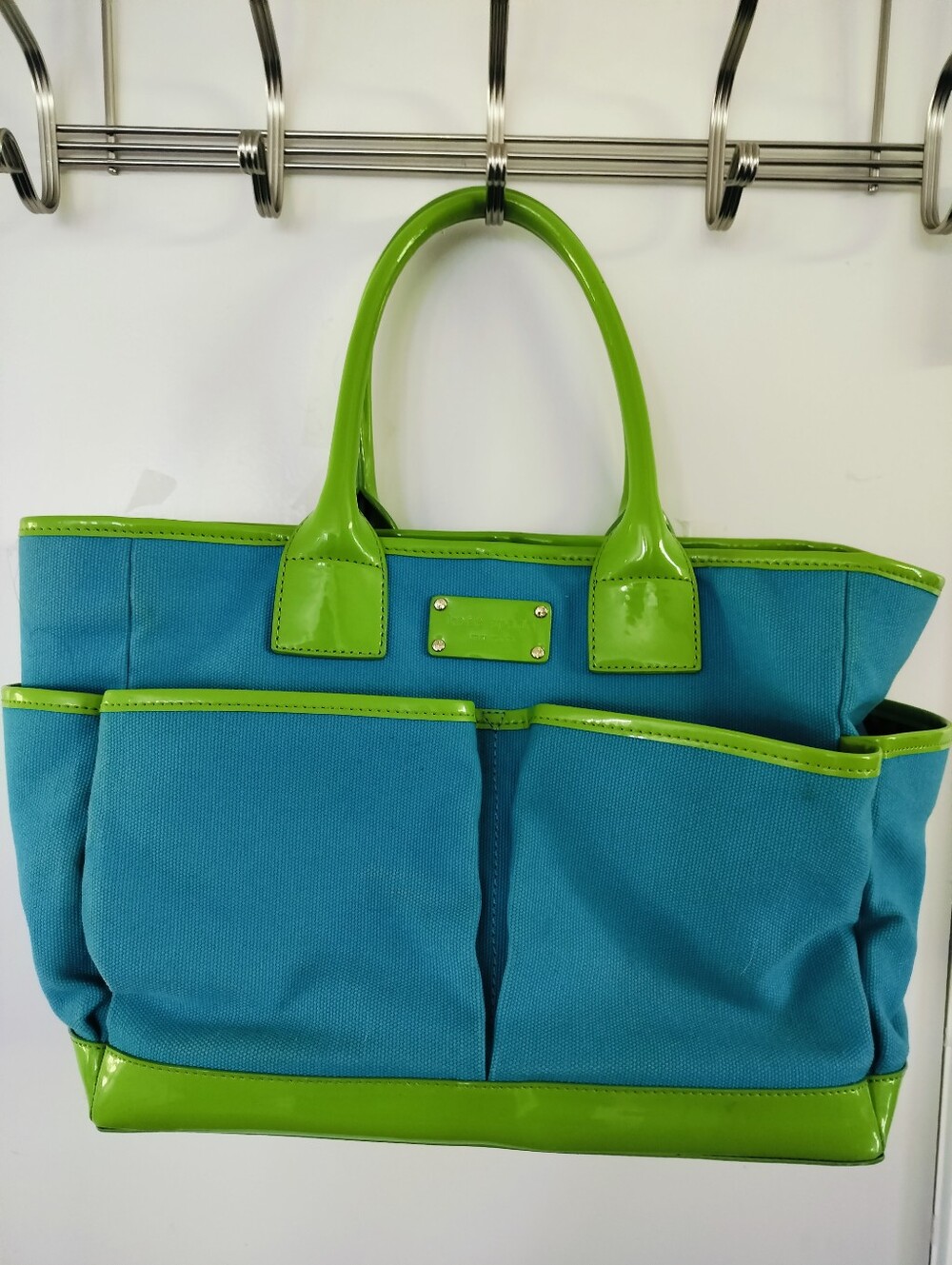 Kate Spade New York Vintage Canvas Utility Tote Turquoise Lime Green Patent Trim